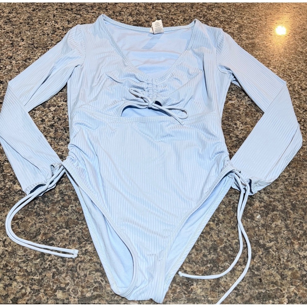 Celebrity Pink Swim Womens Ribbed‎ Long Sleeve Cutout One Piece Swimsuit Blue L